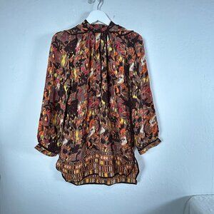 Tolani Womens Small Multicolor Abstract Print 100% Silk Tunic Top Long Sleeve